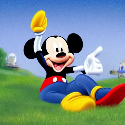 Prompt: mickey mouse sleeping in a park, photo realistic