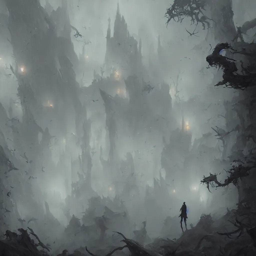 Image similar to devil, scary, magical area, foggy area, by greg rutkowski, sharp focus