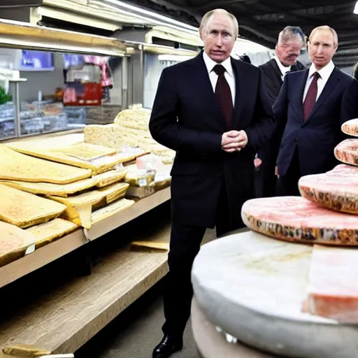 Image similar to vladimir putin visiting a cheese market