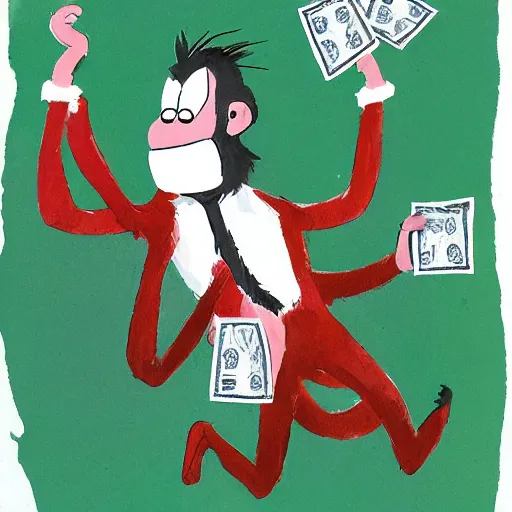 Prompt: a monkey juggling wads of cash, illustration by Quentin Blake