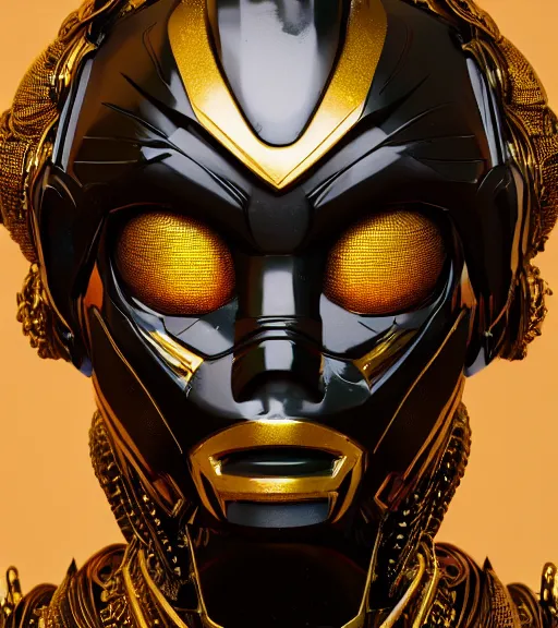 Prompt: an epic fantasy comic book style portrait painting of a black african robot made out of plastic with golden ornaments, studio ghibli, unreal 5, daz, hyperrealistic, octane render, cosplay, rpg portrait, dynamic lighting, intricate detail, harvest fall vibrancy, cinematic