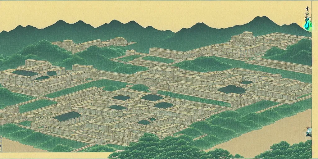 Image similar to an elder chinese space city by kawase hasui. hd