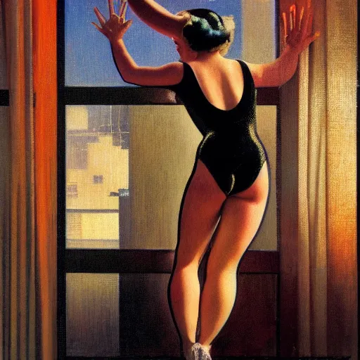 Image similar to retrofuturistic 1 9 3 0 s detailed oil painting of a woman in a window, cyberdeco catsuit, electronic billboards, tech noir, wet reflections, atmospheric, ambient, alexis flower, hopper, mucha, wlop, gil elvgren, grant wood,, livia prima, george tooker, greg rutkowski, whistler, norman rockwell, peter max