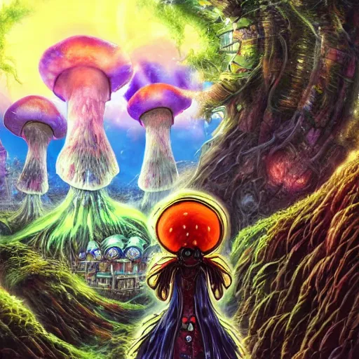 Image similar to anime 4 k headshot portrait of a psychedelic demonic anthropomorphic insect knight with mushroom themed clothes, magic mushroom village in background by jeff easley, award winning, stylized neon, post - processing, masterpiece, superb resolution. in the art style of junji ito and greg rutkowski. detailed mushroom city in background. hyper realistic anime. perfect art. dalle 2