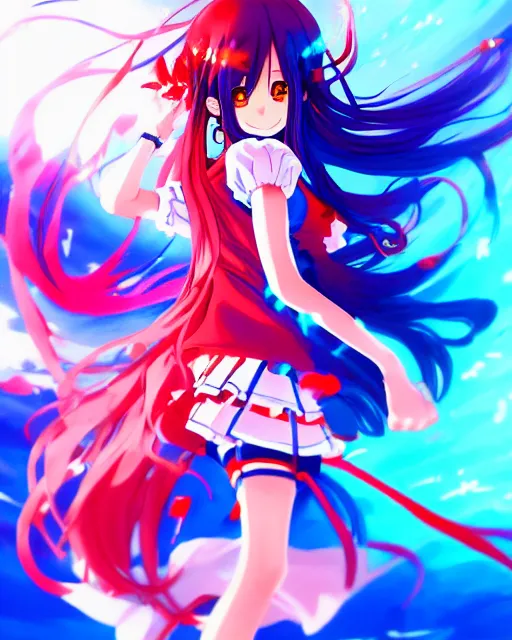 Image similar to anime style, vivid, expressive, full body, 4 k, painting, a cute magical girl idol with a long wavy hair wearing a dress fighting monsters, blue and red, balance, correct proportions, stunning, realistic light and shadow effects, neon lights, studio ghibly makoto shinkai yuji yamaguchi