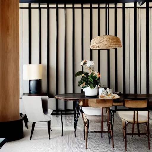 Image similar to lounge and dining room, stone, interior design, stylish luxury hotel living room design, yakisugi, black vertical slatted timber, textures, feminine, black walls, art, Japanese pottery vase with flowers, kakejiku, seasonal, Japanese influences