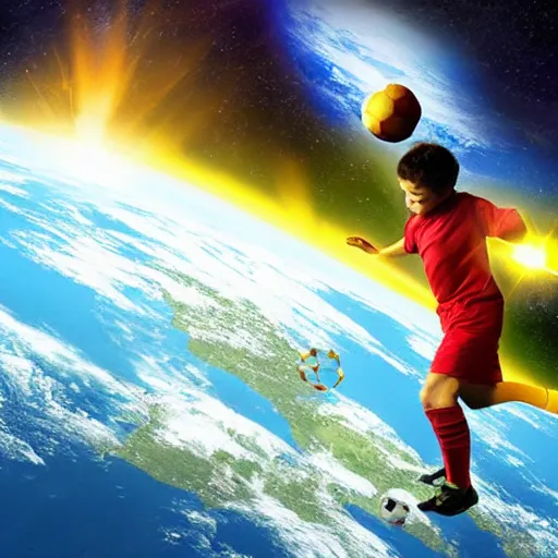 Prompt: god playing football with earth in space