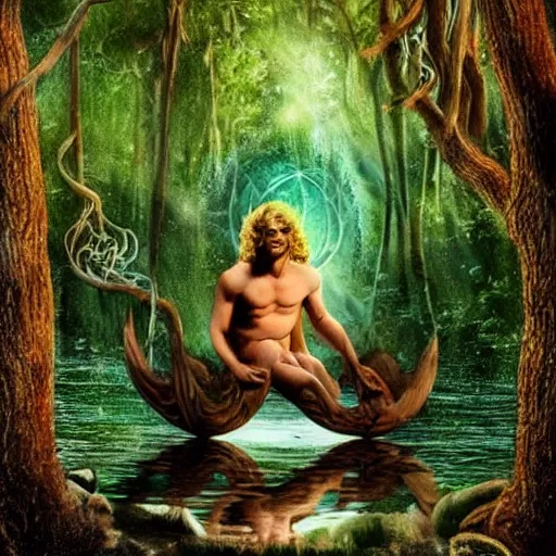 Image similar to greek gods, in forest, three eyed, wide wide shot, feet in water, colors, eyes in forehead, ground very detailed, wet eyes reflecting into eyes reflecting into infinity, beautiful lighting