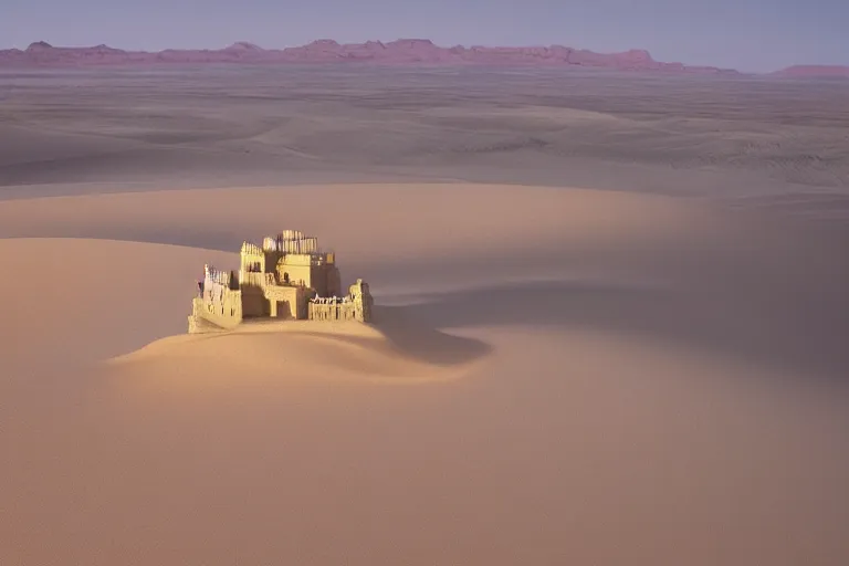 Image similar to single fantasy castle in foreground in the desert sands with rolling sand dunes in the background and a scorching sun moving through the cloudless sky, illustrated by Greg Rutkowski and Gaston Bussiere, 35mm lens, beautiful macro close-up imagery, intense hot lighting, beautiful volumetric-lighting-style atmosphere