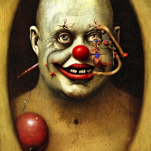 Prompt: digital painting of a hyperdetailed oil grotesque clown portrait by hieronymus bosch, joel peter witkin, annie liebovitz, gustave dore