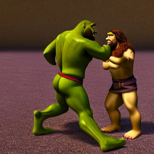 Image similar to muscular jesus fighting muscular shrek, highly detailed, high quality, hd, 4 k, 8 k, canon 3 0 0 mm, professional photographer, 4 0 mp, lifelike, top - rated, award winning, realistic, sharp, no blur, edited, corrected, trending