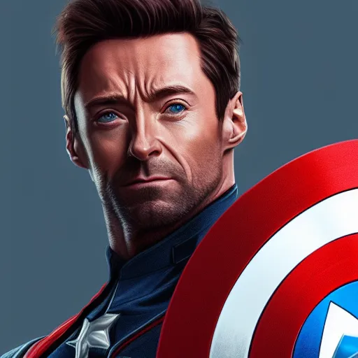 Prompt: Hugh Jackman is Captain America, hyperdetailed, artstation, cgsociety, 8k