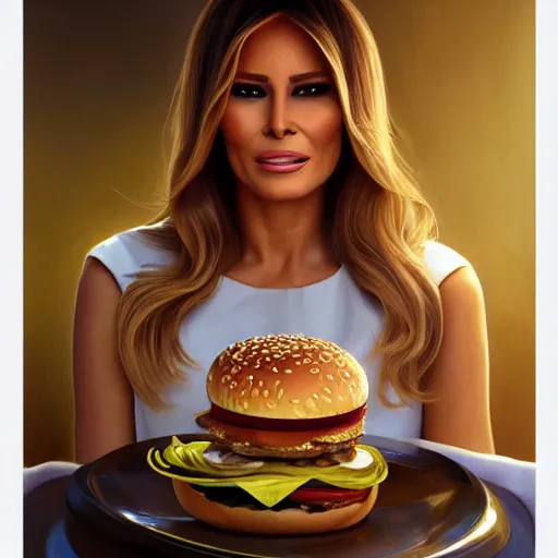 Prompt: portrait of Melania Trump eating hamburgers, extra onions and ketchup, luscious patty with sesame seeds, feminine ethereal, holy sacred light rays, handsome, volumetric light, D&D, fantasy, intricate, elegant, highly detailed, digital painting, artstation, concept art, matte, sharp focus, illustration, art by Artgerm and Greg Rutkowski and Alphonse Mucha