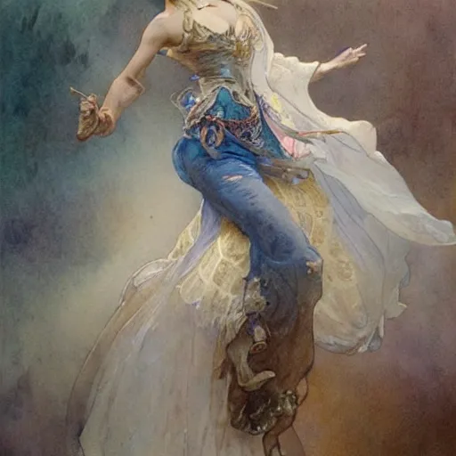 Image similar to a beautifull intricate watercolour painting of a dancing balerinas in ateliere, reflexions, verry high details by william turner art, greg rutkowski and alphonse mucha, trending on artstation, very very detailed, masterpiece,