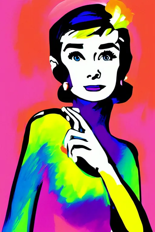 Prompt: digital illustration of Audrey Hepburn by Peter Max artist