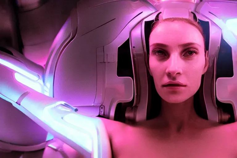Image similar to VFX movie of a futuristic cyborg space woman model gorgeous portrait in future spaceship, beautiful natural skin neon lighting by Emmanuel Lubezki