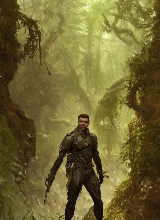 Image similar to a handsome male sci-fi solider exploring a magical rain forest, D&D, fantasy, intricate, cinematic lighting, highly detailed, digital painting, artstation, concept art, smooth, sharp focus, illustration, art by Terry Moore and Greg Rutkowski and Alphonse Mucha