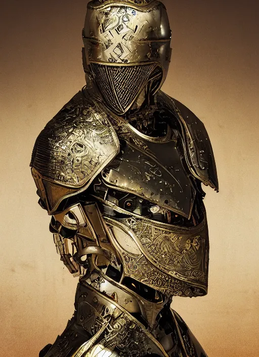 Prompt: portrait of king arthur knight cyborg, kintsugi, modern fine art, fractal, intricate, elegant, highly detailed, digital photography, subsurface scattering, by jheronimus bosch and frank miller and greg rutkowski,