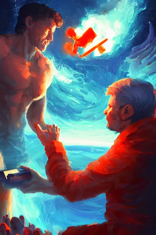 Image similar to the god prometheus handing a man a computer on fire, the fire is made of binary code, digital painting bioluminance alena aenami artworks in 4 k design by lois van baarle by sung choi by john kirby artgerm style pascal blanche and magali villeneuve