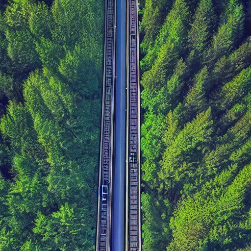 Prompt: Tram line in a forest, 8k UHD, high quality, studio photo,