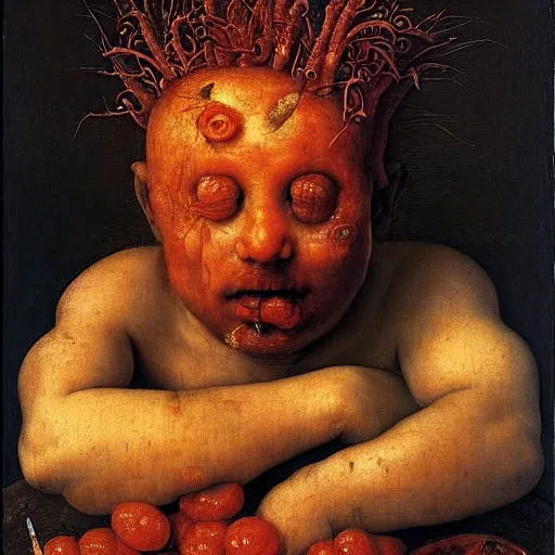 Image similar to a boy sitting in a tub full of tomato sauce, by giuseppe arcimboldo and ambrosius benson, renaissance, highly detailed, a touch of beksinski, fruit, intricate and intense oil paint, realistic