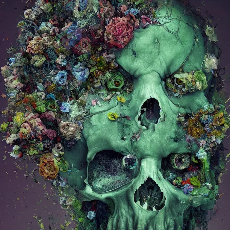 Prompt: A beautiful oil painting hyperrealism of a decayed zombie head, green bulging eyes, rotten green skin, grey beard, blue veins, skull bones flowers, 8k resolution, octane render, Trending on artstation, by Gediminas Pranckevicius, volumetric light 2blue fractal Thunder glow by dan mumford, anaglyph effect, Laurie Lipton