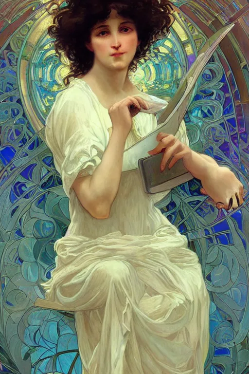 Prompt: a brunette girl with curly hair working on her laptop, iridescent scaled skin, refraction and reflections, translucent, shawl, artstation, painting by alphonse mucha and bouguereau and ruan jia and conrad roset