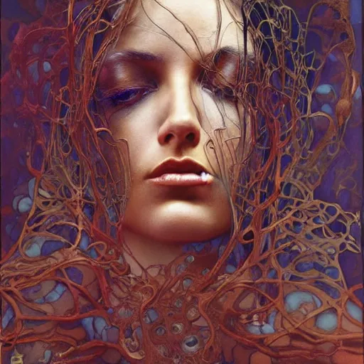 Image similar to monica belucci by zdzisław beksinski, iris van herpen, raymond swanland and alphonse mucha. highly detailed, hyper - real, beautiful