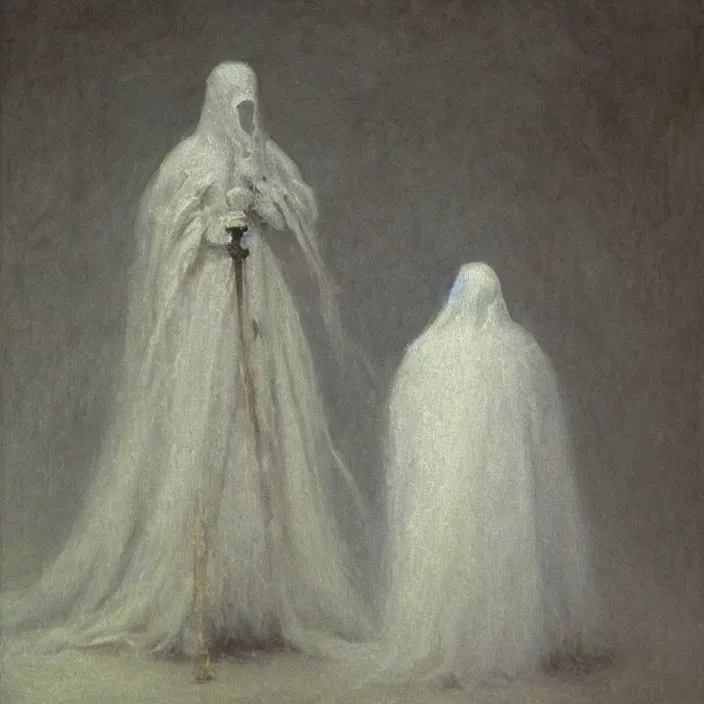 Image similar to medium shot, painting of white!! blurry!! half-transparent shiny ghostly human figure in medieval king's armour, dark academia aesthetic, Hogwarts, magic vibes, soft lighting, by George Roux, by Monet, by oil on canvas, Royal Academy, masterpiece, trending on artstation, cinematic composition, dramatic pose, beautiful lighting, sharp, details, hyper-detailed, HD