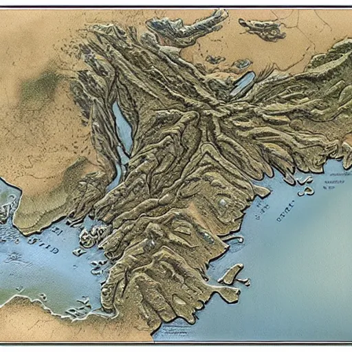 Prompt: a cross - section relief map of westeros