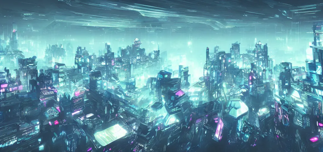Image similar to a cyber punk city, floating above the sky