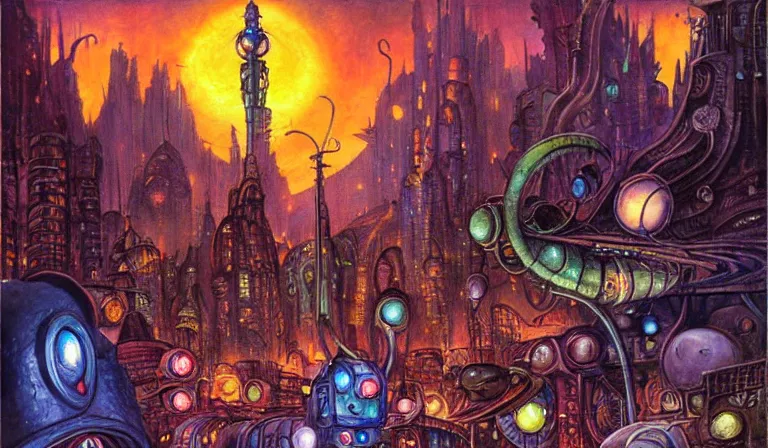 Prompt: fantasycore. magic the gathering art. street view of 1950s machinarium cityscape at night by Josephine Wall and Roger Dean and Moebius. cute gigantic 1950s robots. cel-shaded. glossy painting.