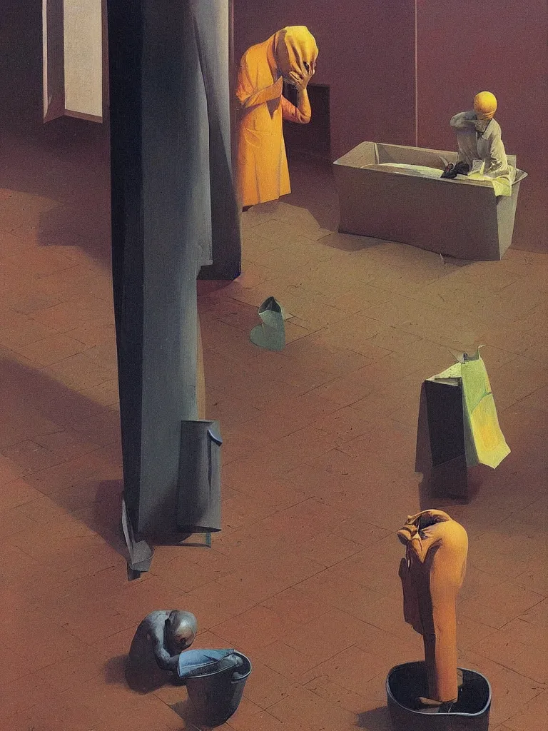 Image similar to magician with a trash over his head praying to a trash bin Edward Hopper and James Gilleard, Zdzislaw Beksinski highly detailed