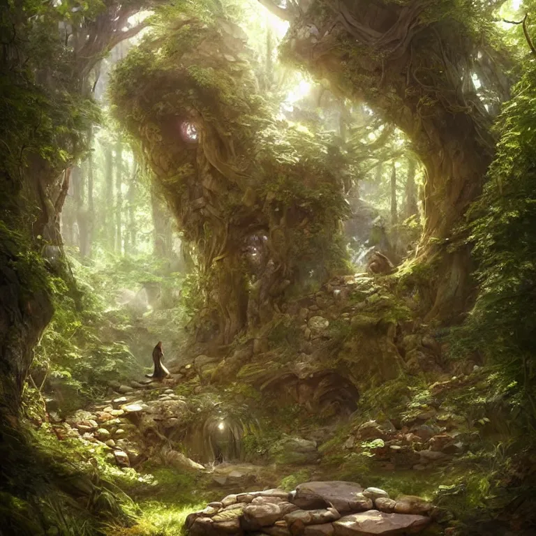 Prompt: Fantasy Magical fairy-tale stone portal in the forest. Round stone portal teleport in trees to other worlds. Fantastic landscape. Magic Altar in the fores, highly detailed, digital painting, artstation, concept art, smooth, sharp focus, illustration, art by artgerm and greg rutkowski and alphonse mucha