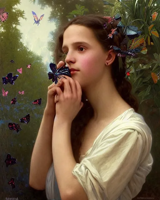 Prompt: a portrait painting of a shy, blushing 1 6 - year old alicia vikander or millie bobby brown as an intricate ornate space princess crying, surrounded by butterflies, intricate, elegant, highly detailed, artstation, concept art, by krenz cushart and donato giancola and william adolph bouguereau and alphonse mucha