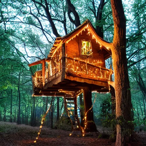 Prompt: a professional photograph of a treehouse village in a forest covered in fairy lights, HD, high quality, highly detailed, award-winning