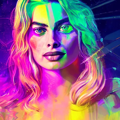 Image similar to Long Shot of psychodelic Margot Robbie in mysterious astral temple jumpin with pistol in river of chromatic SPIRITS , beautiful, dmt, trending on artstation, omnious, soft, hypermaximalistic, high details, cinematic, 8k resolution, artwork by Wong, Liam
