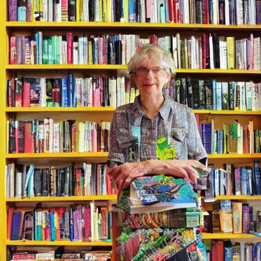 Prompt: bookseller shelves her books outsider art, collage