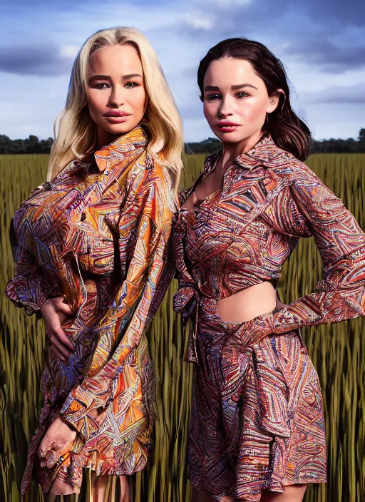 Image similar to portrait of lindsey pelas and emilia clarke wearing tied batik shirt in a paddy field, by charlotte grimm, studio light, detailed face, canon eos c 3 0 0, ƒ 1. 8, 3 5 mm, 8 k, medium - format print, half body shot