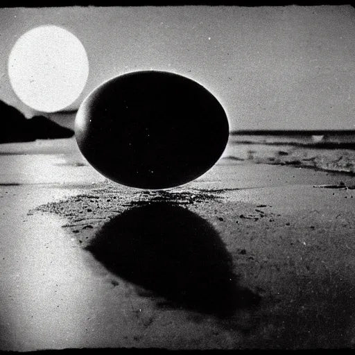 Image similar to an early 1 9 0 0 s photograph of a cracked luminescent alien egg on the beach, moonlight, at nighttime,