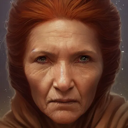 Image similar to portrait of a woman by greg rutkowski, grand jedi master jade skywalker, copper wavy hair, star wars expanded universe, she is about 7 0 years old, wearing jedi robes, wise and serene, highly detailed portrait, digital painting, artstation, concept art, smooth, sharp foccus ilustration, artstation hq