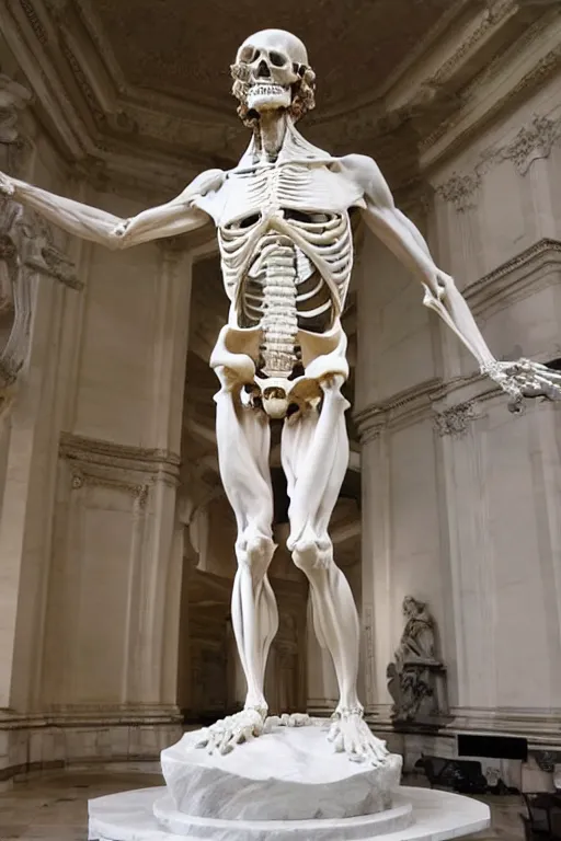 Image similar to epic and dramatic view of a statue depicting a man sculpting himself showing half of his body as a skeleton made in tannish polished marble, realistic and ultra detailed by bernini, 8 k