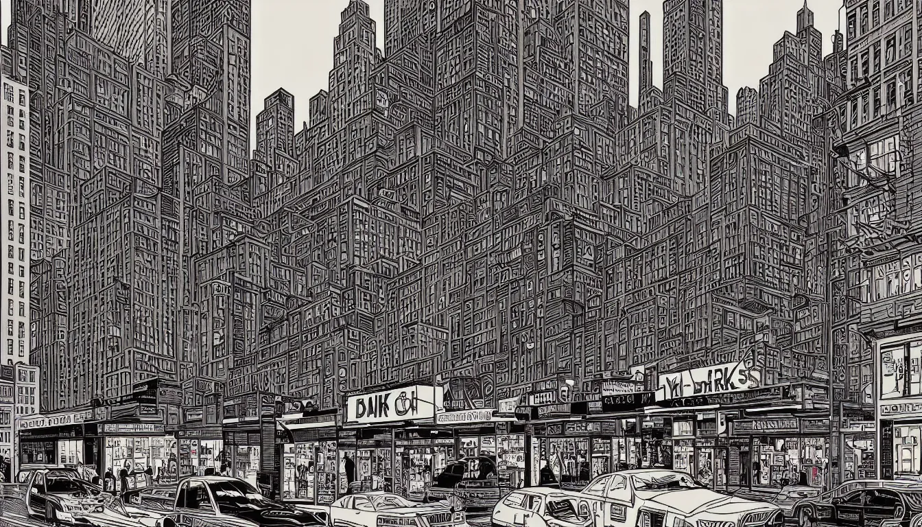 Prompt: new york shops by dan mumford and peter doig and edward hopper, symmetrical, minimal, black ink, thick lines highly detailed, muted colours 8 k