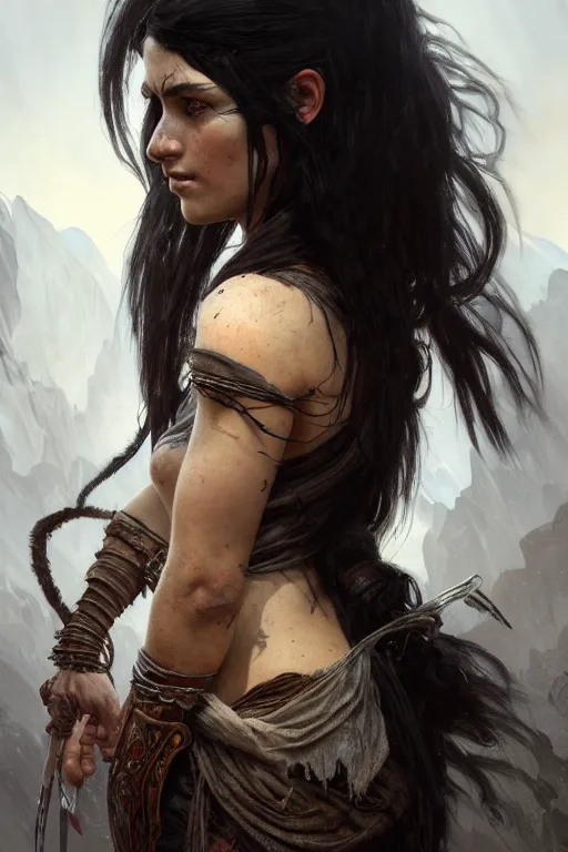 Image similar to portrait of a black haired woman in the style of god of war, rugged torn clothes, intricate, elegant, highly detailed, digital painting, artstation, concept art, smooth, sharp focus, illustration, art by artgerm and greg rutkowski and alphonse mucha, 8 k