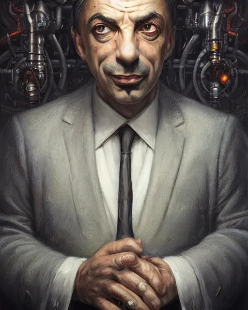 Image similar to lovecraft biopunk portrait of rowan sebastian atkinson by tomasz alen kopera and peter mohrbacher