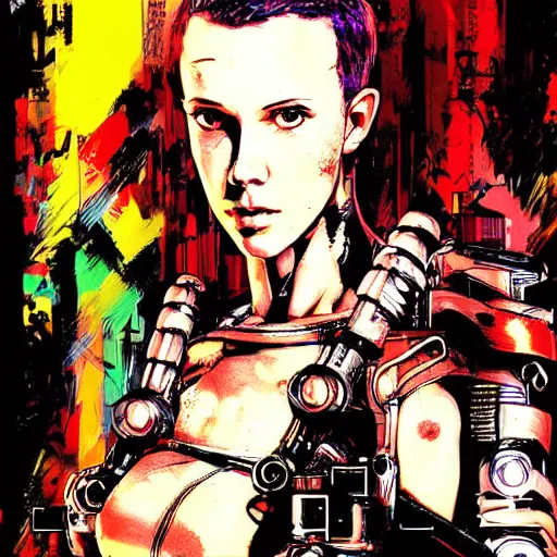 Image similar to Portrait of cyberpunk cyborg Millie Bobby Brown by Yoji Shinkawa