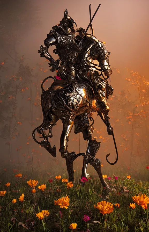 Image similar to full body image of a baroque knight in bed of flowers in dark forest, surrounded by fire and smoke, moody, rim light, dynamic lighting, cinematic shot, gritty, ultra - detail, renderman, physically based render