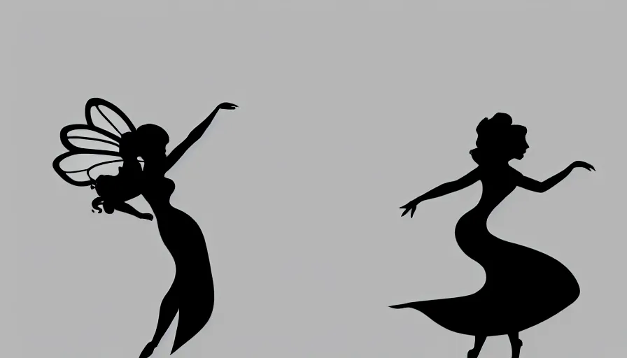 Image similar to flat black vector silhouette of a fairy, pure white background, 4 k resolution