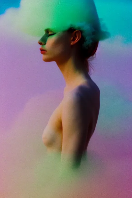 Image similar to high quality pastel coloured film close up wide angle photograph of a model wearing clothing swimming on cloud furniture in a icelandic black rock!! environment in a partially haze filled dreamstate world. three point light, rainbow. photographic production. art directed. pastel colours. volumetric clouds. pastel gradient overlay. waves glitch artefacts. extreme facial clarity. 8 k. filmic.