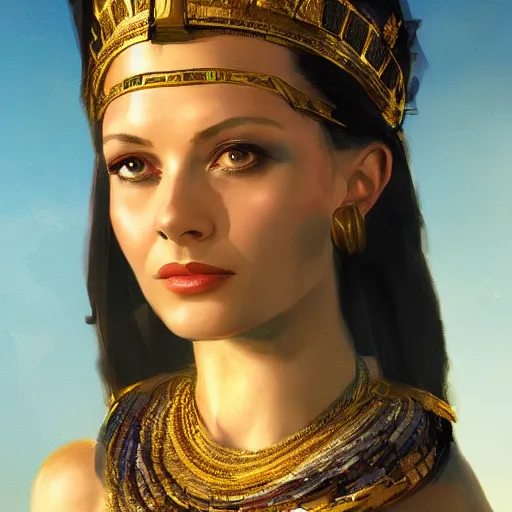 Prompt: closeup portrait of a young vivian leigh as cleopatra, palace background, dramatic light, gorgeous view, depth, high detail, digital art, painted by greg rutkowski, trending on artstation